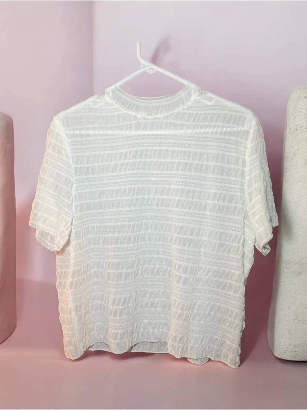 SHEIN Off White Semi-Sheer Textured Short Sleeve Top